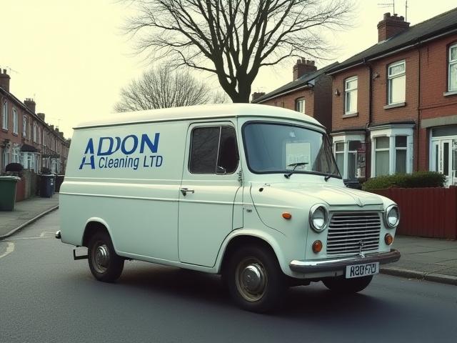 Vintage image of a small, well-maintained cleaning van with an early ADON CLEANING LTD logo, parked on a quiet street in Keresley End.
