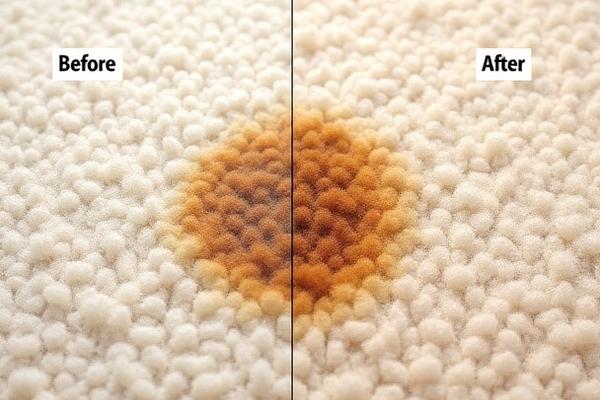 Before and after image of a beige carpet with a prominent coffee stain, now completely removed.
