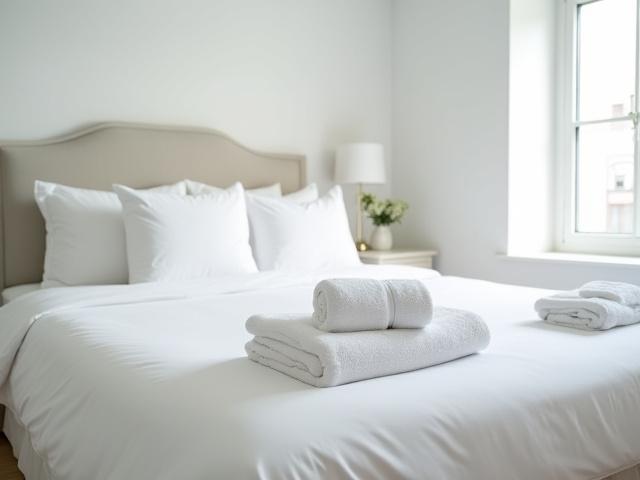 Luxurious and sparkling clean short-term rental bedroom, neatly made bed, fresh towels, inviting atmosphere.