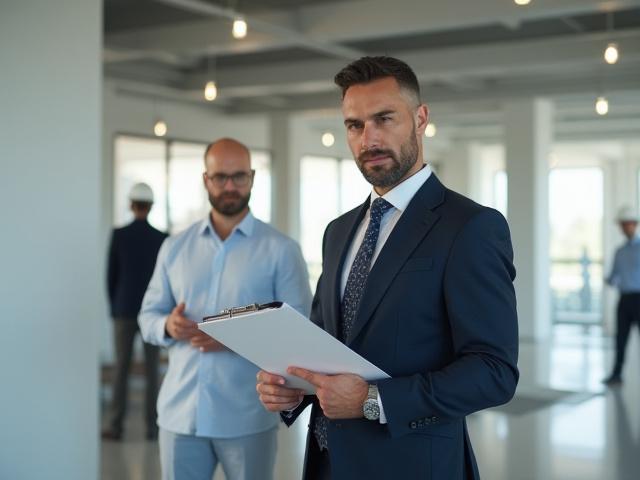 Construction site manager reviewing clean handover documentation